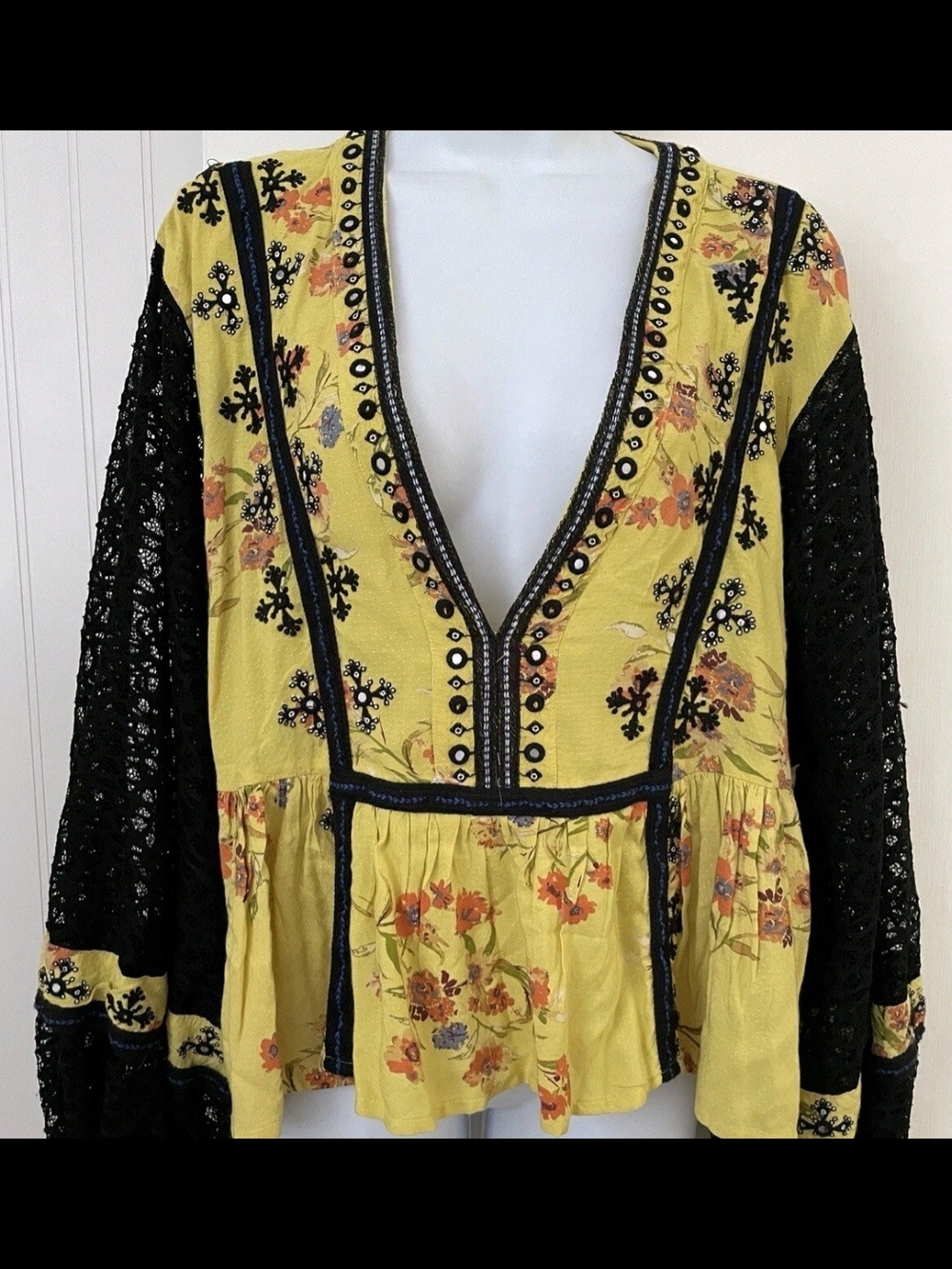Free People Yellow Floral  V-Neck Boho Peplum Top "Boogie All Night" Lace